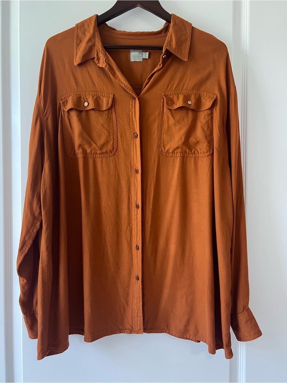 ASOS Rust Orange Cognac Utility Button Down Oversized Work Blouse Womens Sz 14